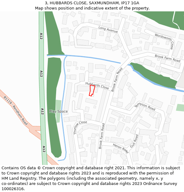 3, HUBBARDS CLOSE, SAXMUNDHAM, IP17 1GA: Location map and indicative extent of plot