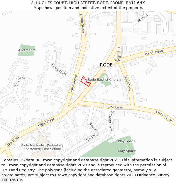 3, HUGHES COURT, HIGH STREET, RODE, FROME, BA11 6NX: Location map and indicative extent of plot