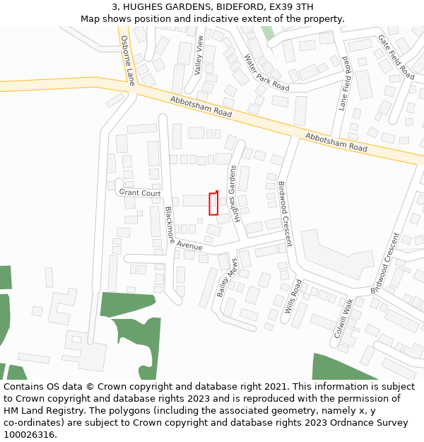 3, HUGHES GARDENS, BIDEFORD, EX39 3TH: Location map and indicative extent of plot