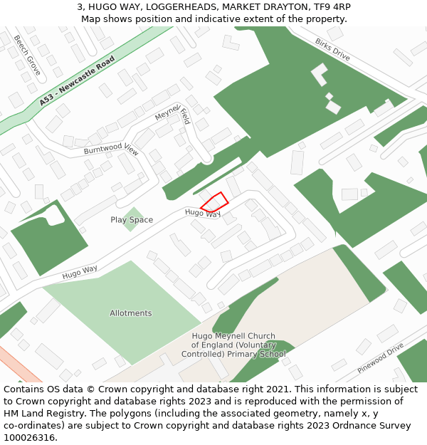 3, HUGO WAY, LOGGERHEADS, MARKET DRAYTON, TF9 4RP: Location map and indicative extent of plot