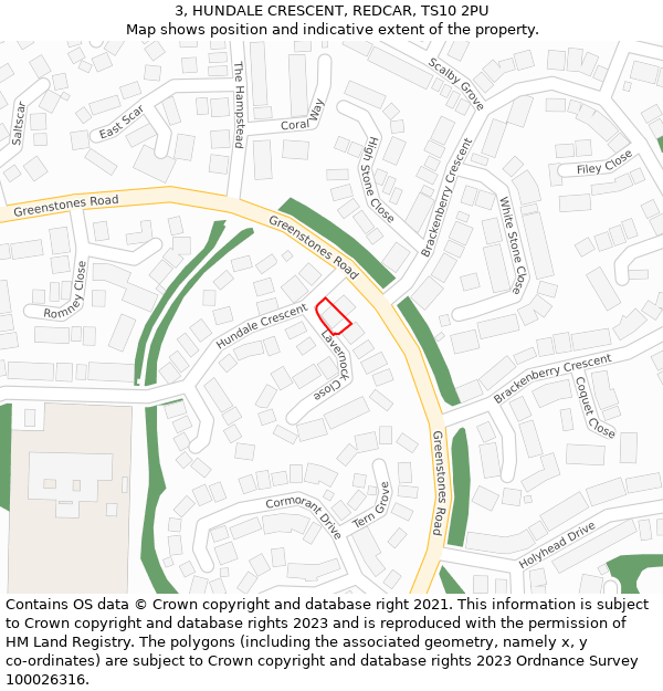 3, HUNDALE CRESCENT, REDCAR, TS10 2PU: Location map and indicative extent of plot