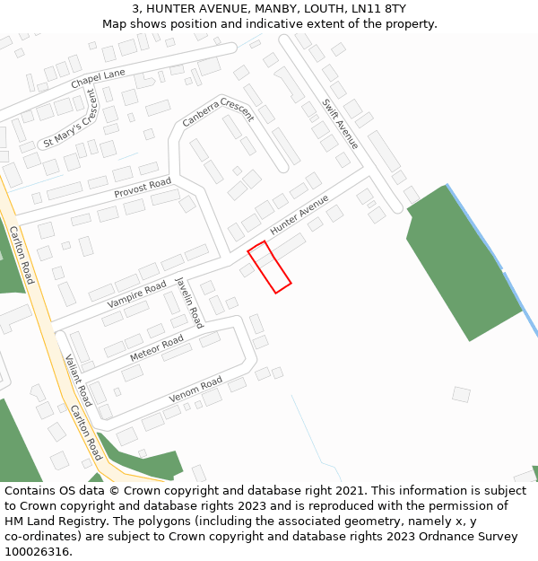 3, HUNTER AVENUE, MANBY, LOUTH, LN11 8TY: Location map and indicative extent of plot