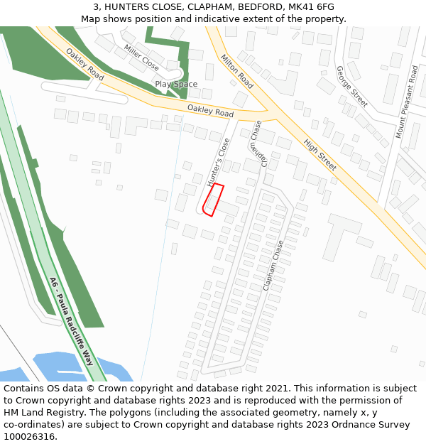 3, HUNTERS CLOSE, CLAPHAM, BEDFORD, MK41 6FG: Location map and indicative extent of plot