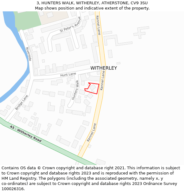 3, HUNTERS WALK, WITHERLEY, ATHERSTONE, CV9 3SU: Location map and indicative extent of plot