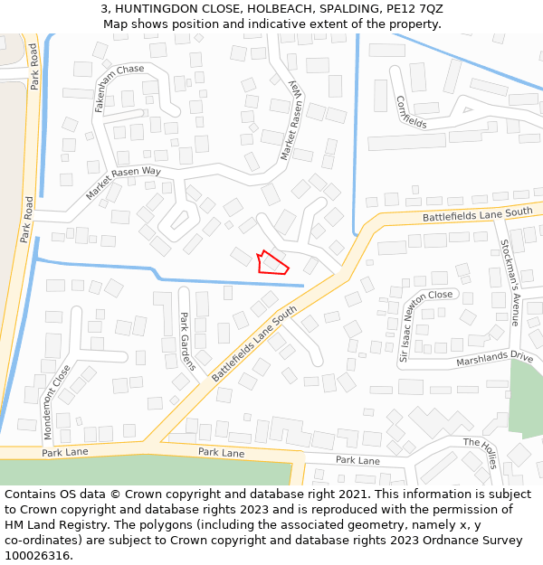 3, HUNTINGDON CLOSE, HOLBEACH, SPALDING, PE12 7QZ: Location map and indicative extent of plot