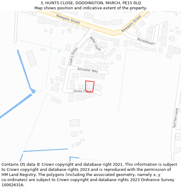 3, HUNTS CLOSE, DODDINGTON, MARCH, PE15 0LQ: Location map and indicative extent of plot