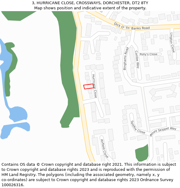 3, HURRICANE CLOSE, CROSSWAYS, DORCHESTER, DT2 8TY: Location map and indicative extent of plot