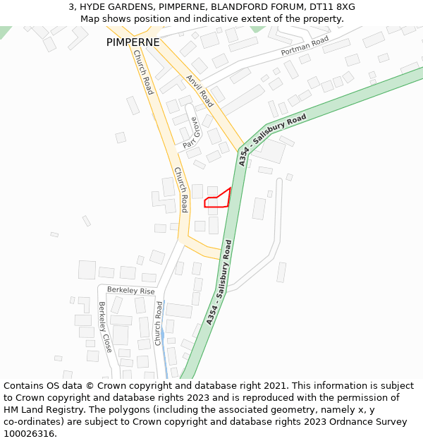 3, HYDE GARDENS, PIMPERNE, BLANDFORD FORUM, DT11 8XG: Location map and indicative extent of plot