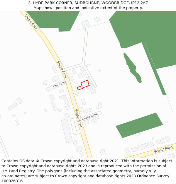 3, HYDE PARK CORNER, SUDBOURNE, WOODBRIDGE, IP12 2AZ: Location map and indicative extent of plot
