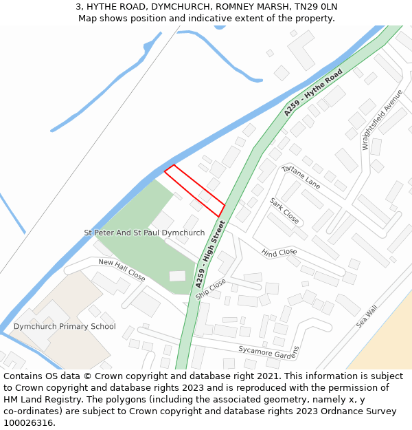 3, HYTHE ROAD, DYMCHURCH, ROMNEY MARSH, TN29 0LN: Location map and indicative extent of plot