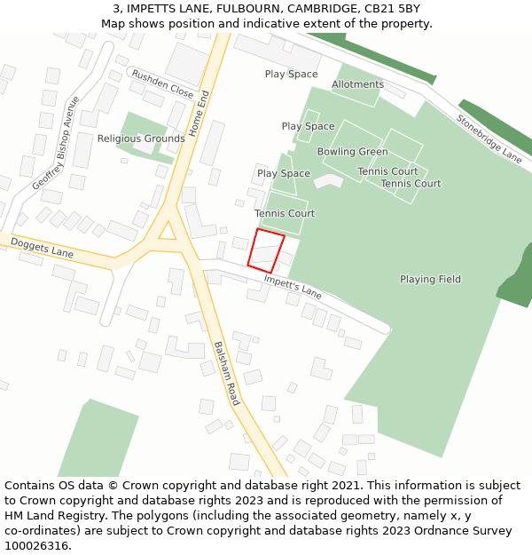 3, IMPETTS LANE, FULBOURN, CAMBRIDGE, CB21 5BY: Location map and indicative extent of plot