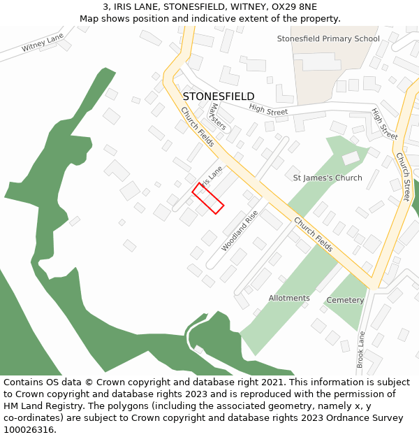 3, IRIS LANE, STONESFIELD, WITNEY, OX29 8NE: Location map and indicative extent of plot