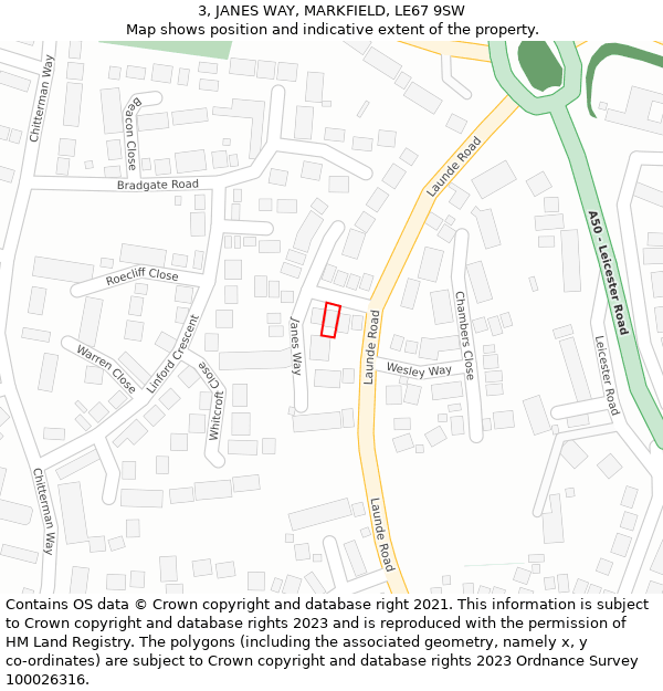 3, JANES WAY, MARKFIELD, LE67 9SW: Location map and indicative extent of plot