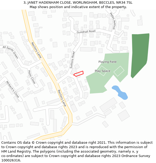 3, JANET HADENHAM CLOSE, WORLINGHAM, BECCLES, NR34 7SL: Location map and indicative extent of plot