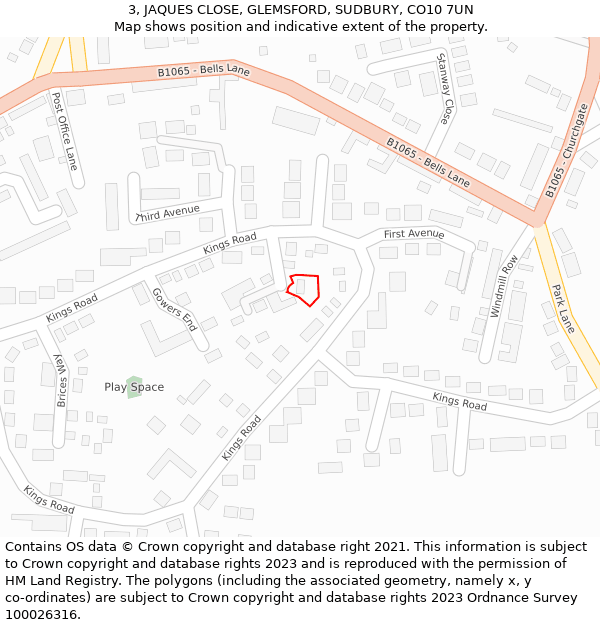 3, JAQUES CLOSE, GLEMSFORD, SUDBURY, CO10 7UN: Location map and indicative extent of plot