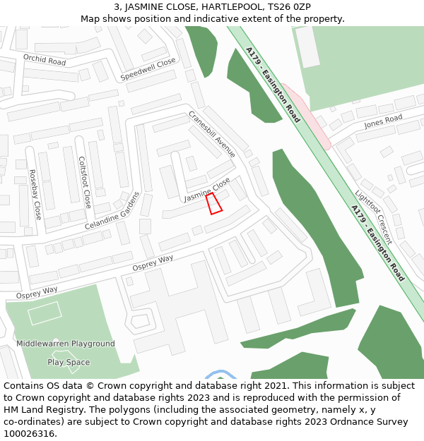 3, JASMINE CLOSE, HARTLEPOOL, TS26 0ZP: Location map and indicative extent of plot