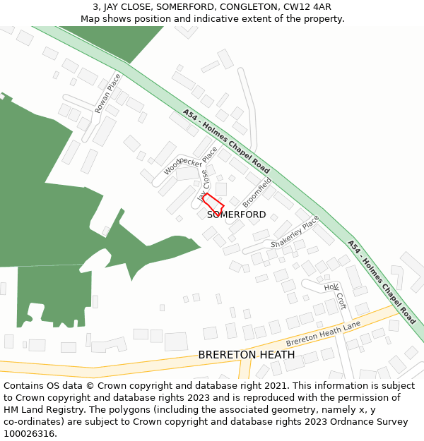 3, JAY CLOSE, SOMERFORD, CONGLETON, CW12 4AR: Location map and indicative extent of plot