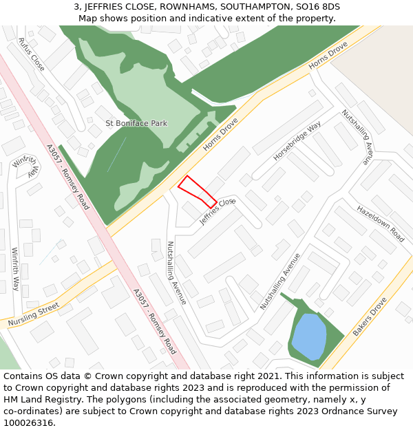 3, JEFFRIES CLOSE, ROWNHAMS, SOUTHAMPTON, SO16 8DS: Location map and indicative extent of plot