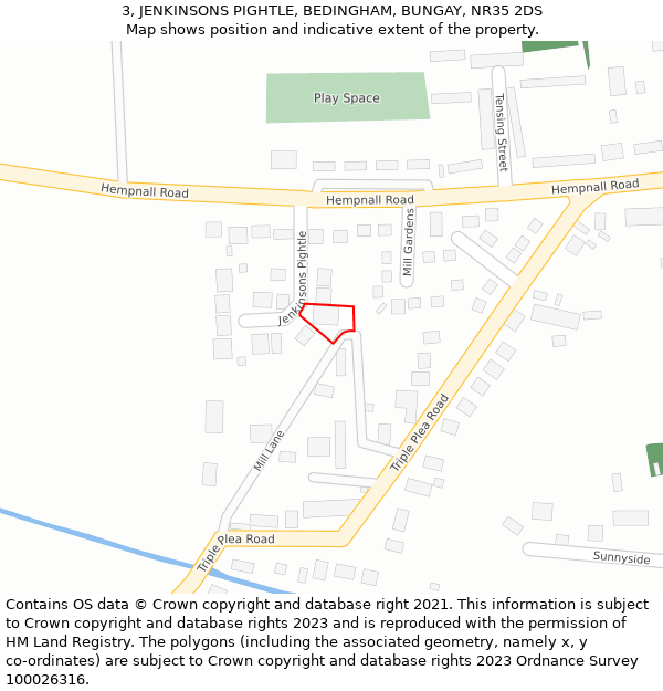 3, JENKINSONS PIGHTLE, BEDINGHAM, BUNGAY, NR35 2DS: Location map and indicative extent of plot