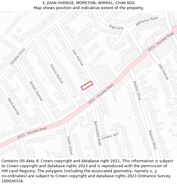 3, JOAN AVENUE, MORETON, WIRRAL, CH46 6DA: Location map and indicative extent of plot