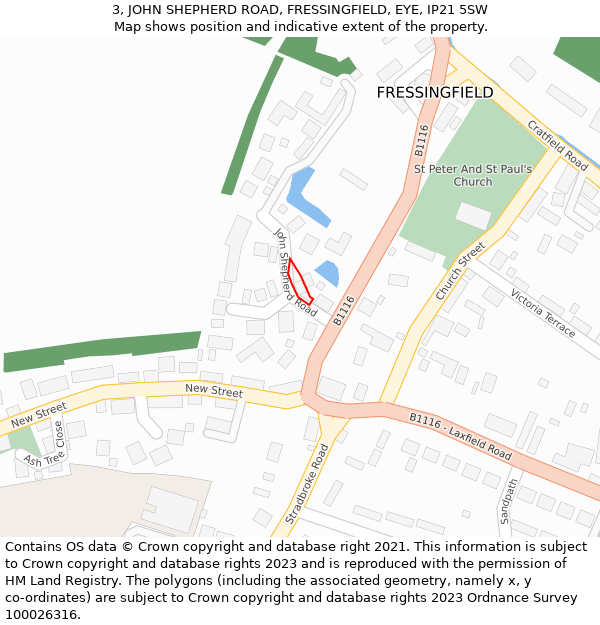 3, JOHN SHEPHERD ROAD, FRESSINGFIELD, EYE, IP21 5SW: Location map and indicative extent of plot