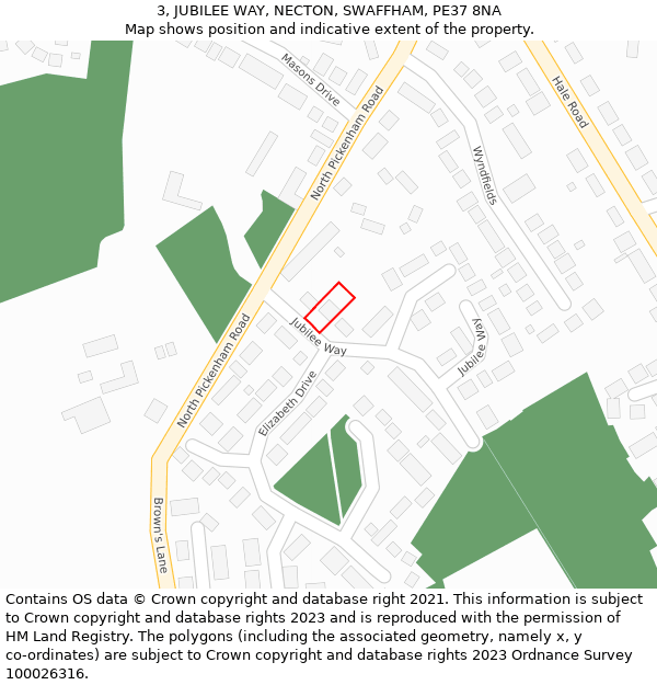 3, JUBILEE WAY, NECTON, SWAFFHAM, PE37 8NA: Location map and indicative extent of plot