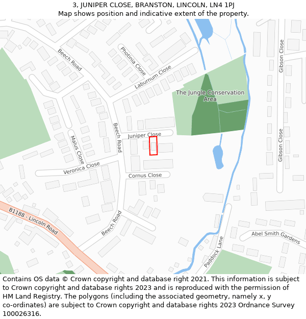 3, JUNIPER CLOSE, BRANSTON, LINCOLN, LN4 1PJ: Location map and indicative extent of plot