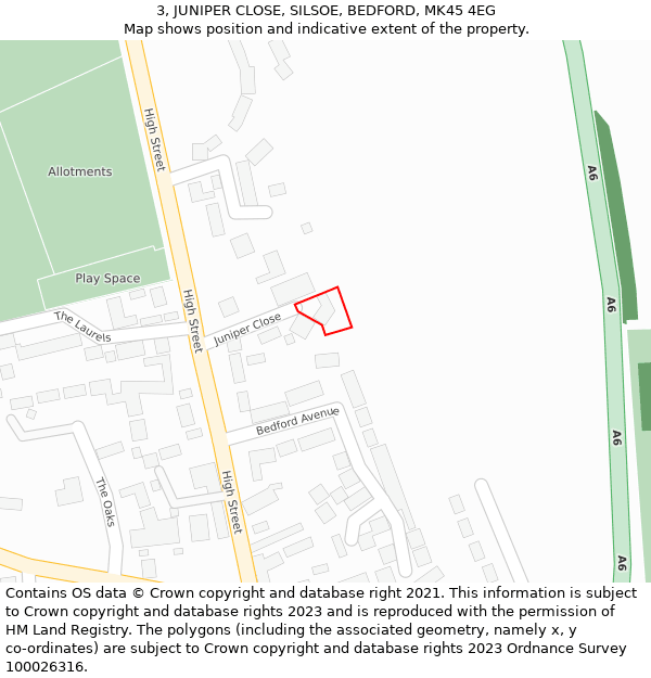 3, JUNIPER CLOSE, SILSOE, BEDFORD, MK45 4EG: Location map and indicative extent of plot
