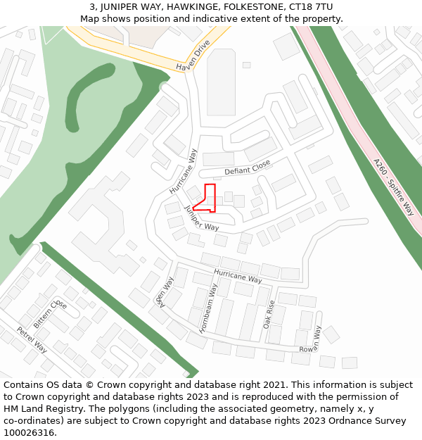 3, JUNIPER WAY, HAWKINGE, FOLKESTONE, CT18 7TU: Location map and indicative extent of plot