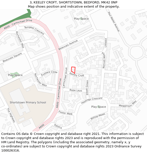 3, KEELEY CROFT, SHORTSTOWN, BEDFORD, MK42 0NP: Location map and indicative extent of plot