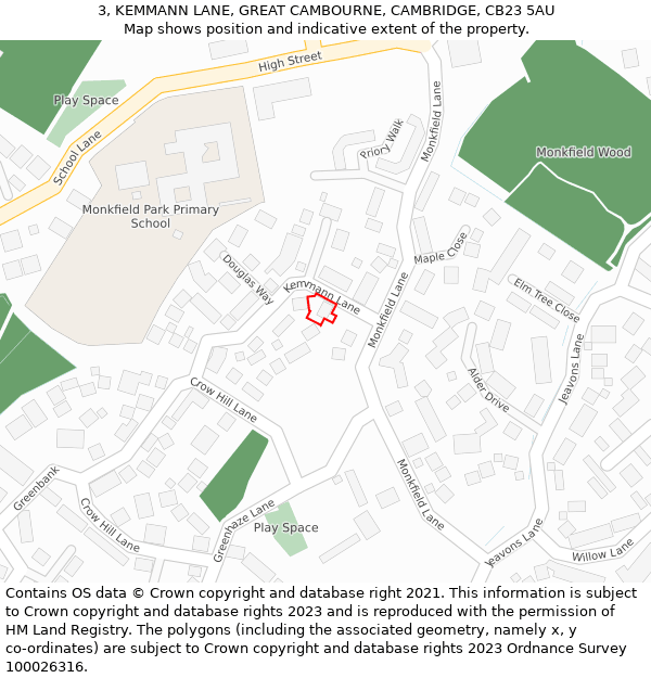 3, KEMMANN LANE, GREAT CAMBOURNE, CAMBRIDGE, CB23 5AU: Location map and indicative extent of plot