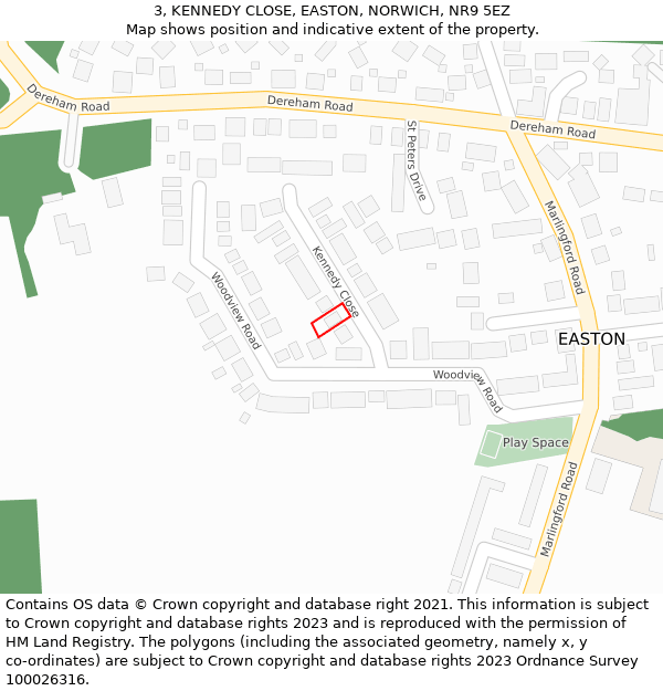 3, KENNEDY CLOSE, EASTON, NORWICH, NR9 5EZ: Location map and indicative extent of plot