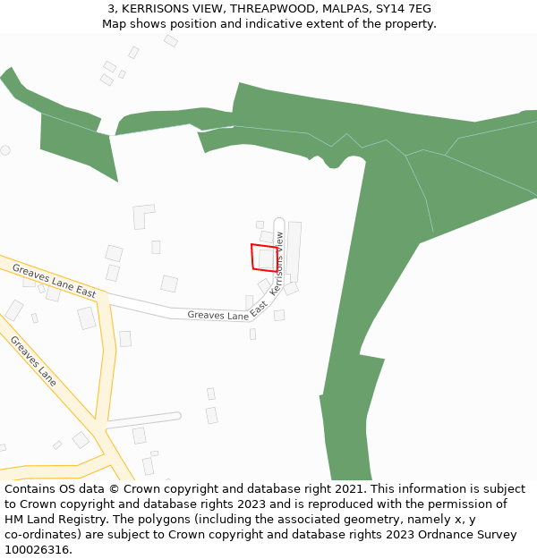 3, KERRISONS VIEW, THREAPWOOD, MALPAS, SY14 7EG: Location map and indicative extent of plot