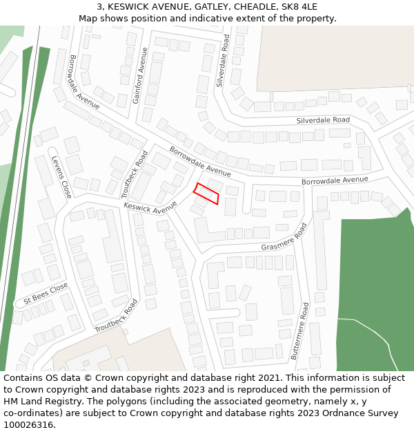 3, KESWICK AVENUE, GATLEY, CHEADLE, SK8 4LE: Location map and indicative extent of plot