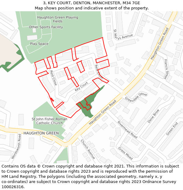 3, KEY COURT, DENTON, MANCHESTER, M34 7GE: Location map and indicative extent of plot