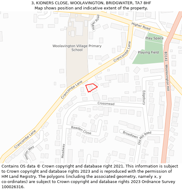 3, KIDNERS CLOSE, WOOLAVINGTON, BRIDGWATER, TA7 8HF: Location map and indicative extent of plot