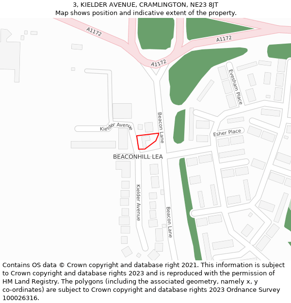 3, KIELDER AVENUE, CRAMLINGTON, NE23 8JT: Location map and indicative extent of plot