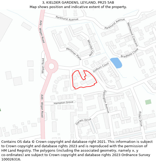 3, KIELDER GARDENS, LEYLAND, PR25 5AB: Location map and indicative extent of plot
