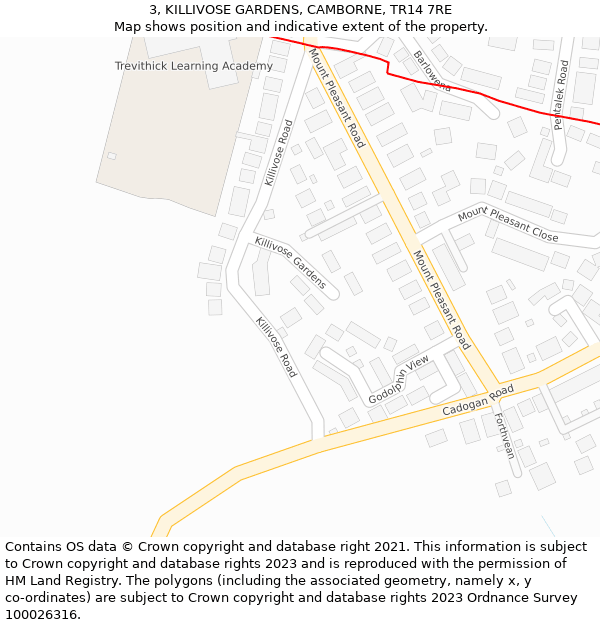 3, KILLIVOSE GARDENS, CAMBORNE, TR14 7RE: Location map and indicative extent of plot