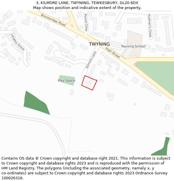 3, KILMORE LANE, TWYNING, TEWKESBURY, GL20 6DX: Location map and indicative extent of plot