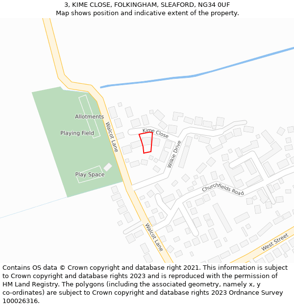 3, KIME CLOSE, FOLKINGHAM, SLEAFORD, NG34 0UF: Location map and indicative extent of plot