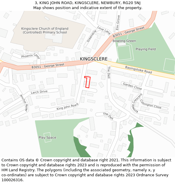 3, KING JOHN ROAD, KINGSCLERE, NEWBURY, RG20 5NJ: Location map and indicative extent of plot