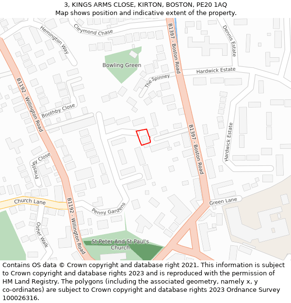 3, KINGS ARMS CLOSE, KIRTON, BOSTON, PE20 1AQ: Location map and indicative extent of plot