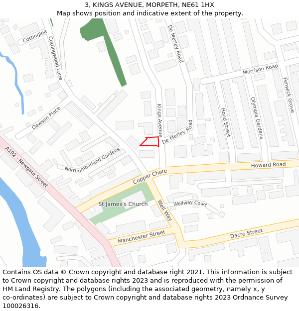 3, KINGS AVENUE, MORPETH, NE61 1HX: Location map and indicative extent of plot