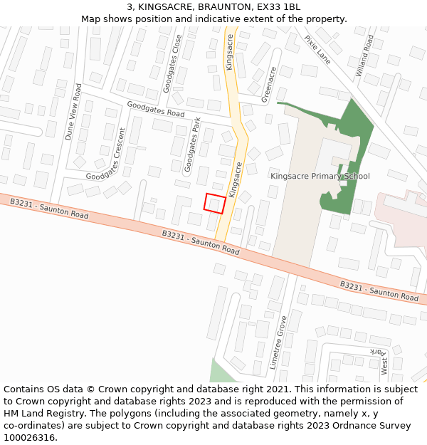 3, KINGSACRE, BRAUNTON, EX33 1BL: Location map and indicative extent of plot