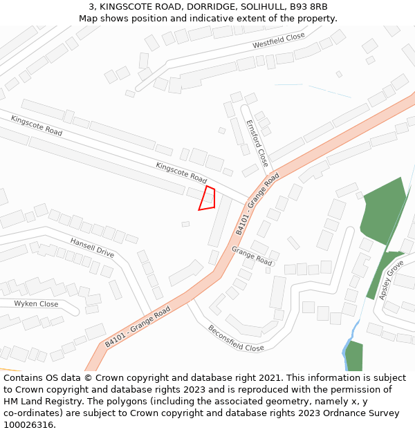 3, KINGSCOTE ROAD, DORRIDGE, SOLIHULL, B93 8RB: Location map and indicative extent of plot