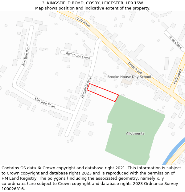 3, KINGSFIELD ROAD, COSBY, LEICESTER, LE9 1SW: Location map and indicative extent of plot