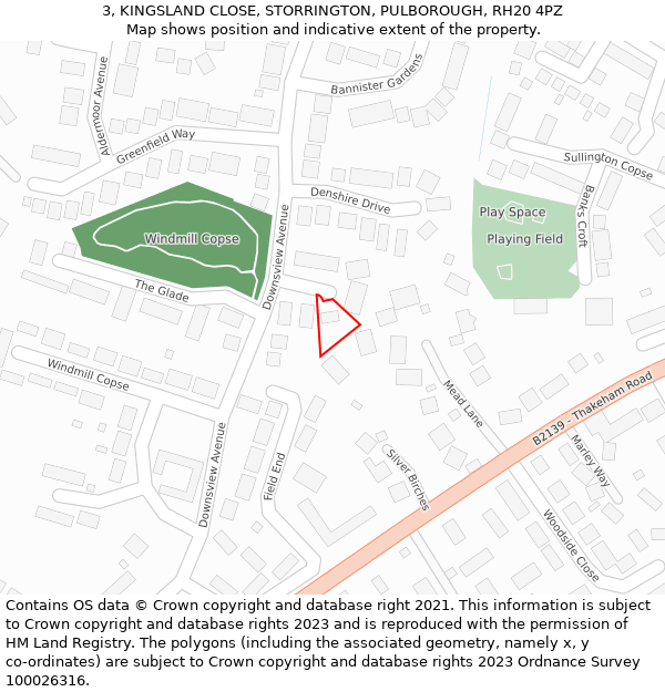 3, KINGSLAND CLOSE, STORRINGTON, PULBOROUGH, RH20 4PZ: Location map and indicative extent of plot