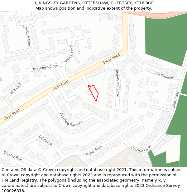 3, KINGSLEY GARDENS, OTTERSHAW, CHERTSEY, KT16 0GE: Location map and indicative extent of plot