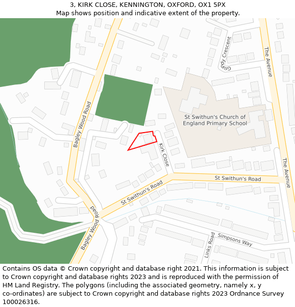 3, KIRK CLOSE, KENNINGTON, OXFORD, OX1 5PX: Location map and indicative extent of plot